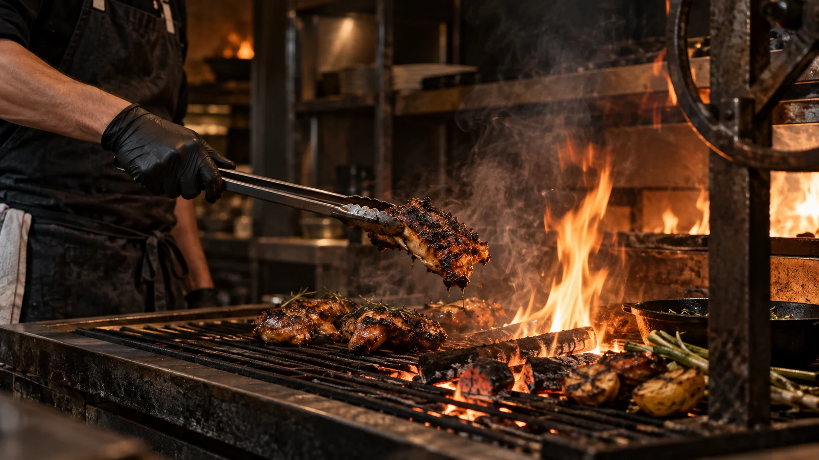 Flames rising from the grill in the Ember kitchen
