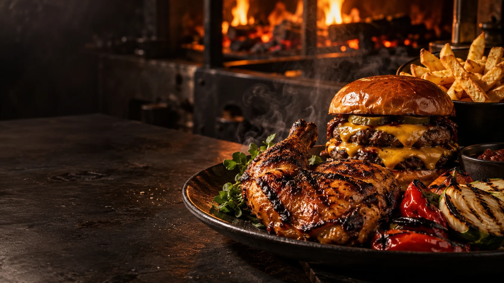 Flame-grilled chicken, a cheeseburger, golden fries and grilled vegetables on a dark table
